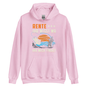 Lustiger Rentner-Hoodie mit dem Spruch "Rente, Ihr wisst wo Ihr mich findet" - Jetzt erhältlich!