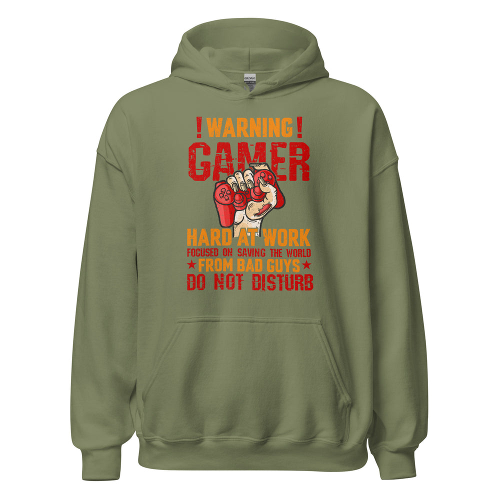 Hochwertiger Gaming-Kapuzenpullover | Spruch: "Warning! Gamer hard at Work!"