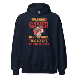 Hochwertiger Gaming-Kapuzenpullover | Spruch: "Warning! Gamer hard at Work!"