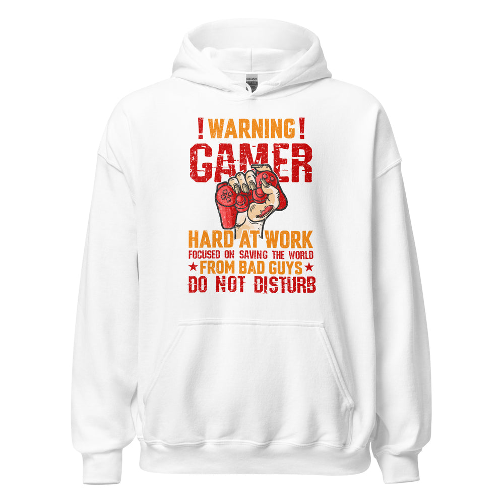 Hochwertiger Gaming-Kapuzenpullover | Spruch: "Warning! Gamer hard at Work!"