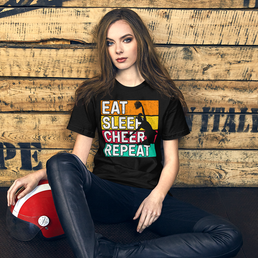 Eat, Sleep, Cheer, Repeat – Inspirierendes Cheerleader Shirt